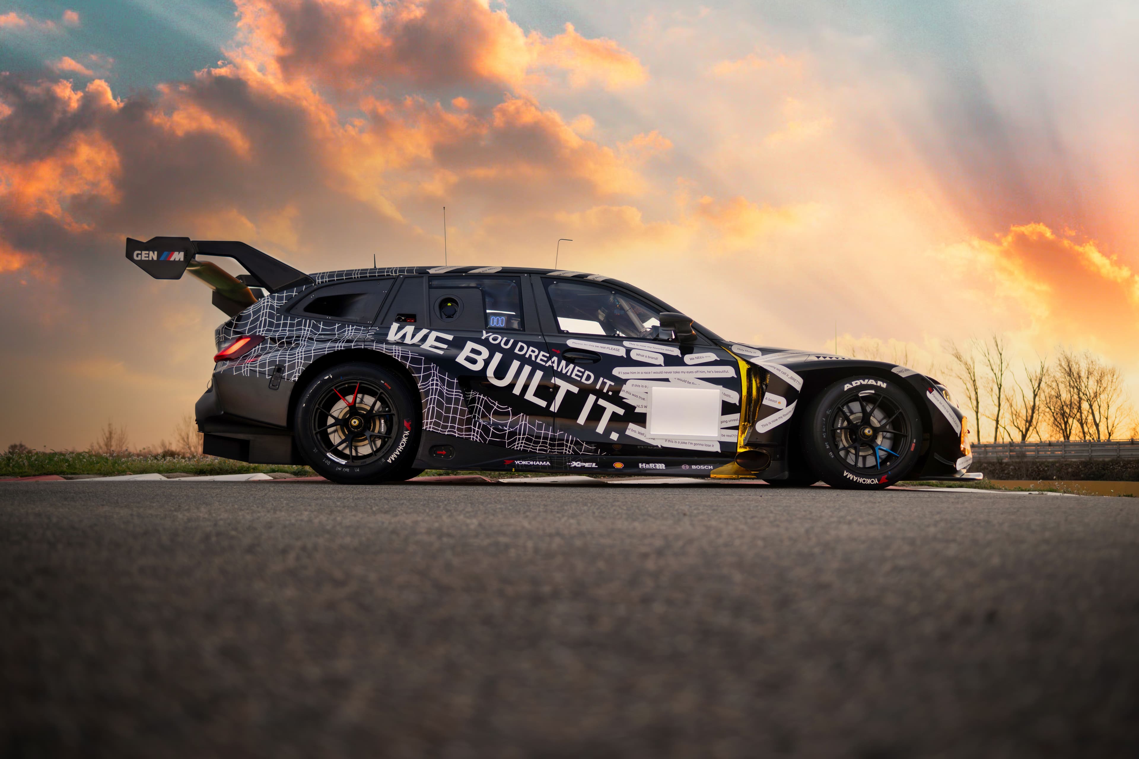 BMW M3 Touring 24H race car on track at the Nürburgring with GT3-spec bodywork and rear wing